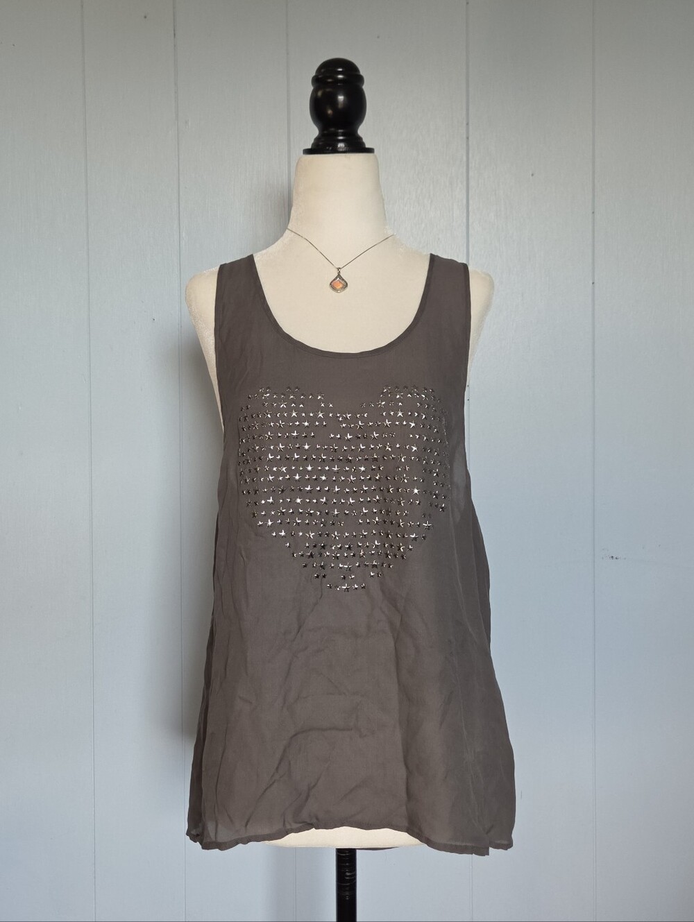 L'AGENCE Studded Rhinestone Heart 100% Silk Muted Grey Tank Top